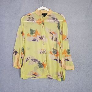 Citron Santa Monica Women's Sheer Yellow Button Up Art To Wear Silk Top Medium